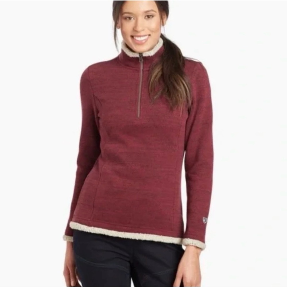 Kuhl Women's Alaska 1/4 Zip Knit Pullover Burgundy Faux Shearling Cozy Active